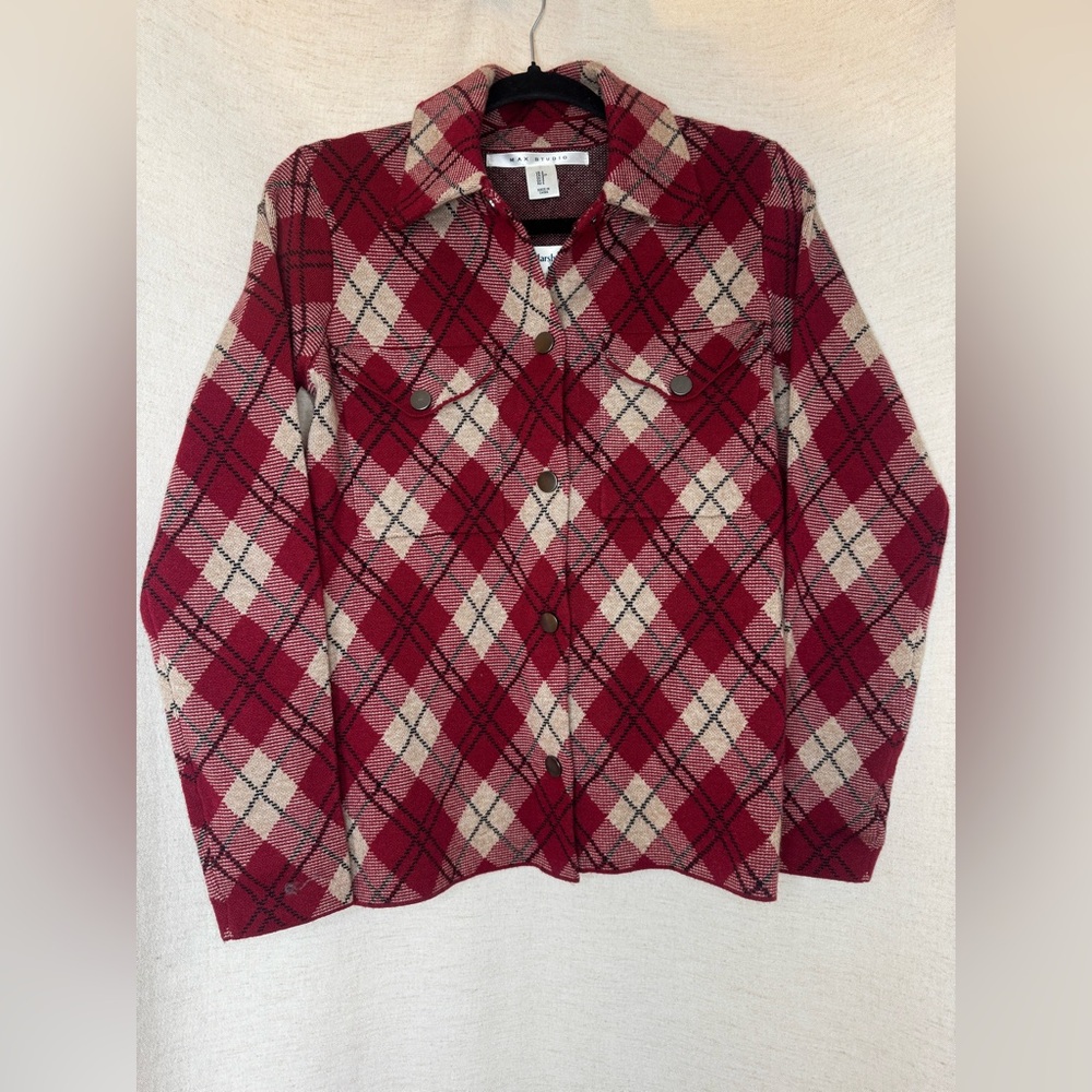Max Studio Red Argyle Plaid Knit Shacket Jacket NWT Size S 19” P2P